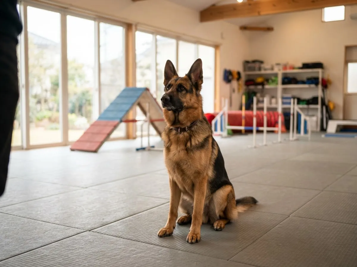 Cão focado e tranquilo no centro de treinamento Elite Dog Trainers